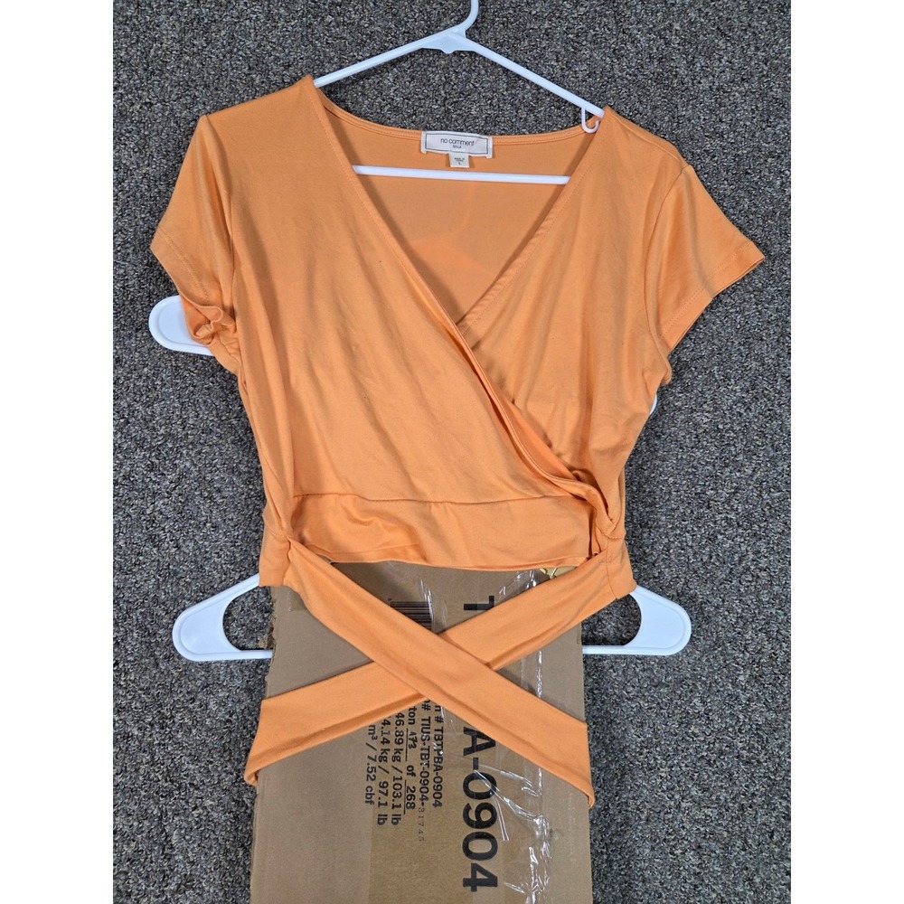 No Comment Wrap Top Women Large Orange Short Sleeve Surplice Cropped Tie Waist
